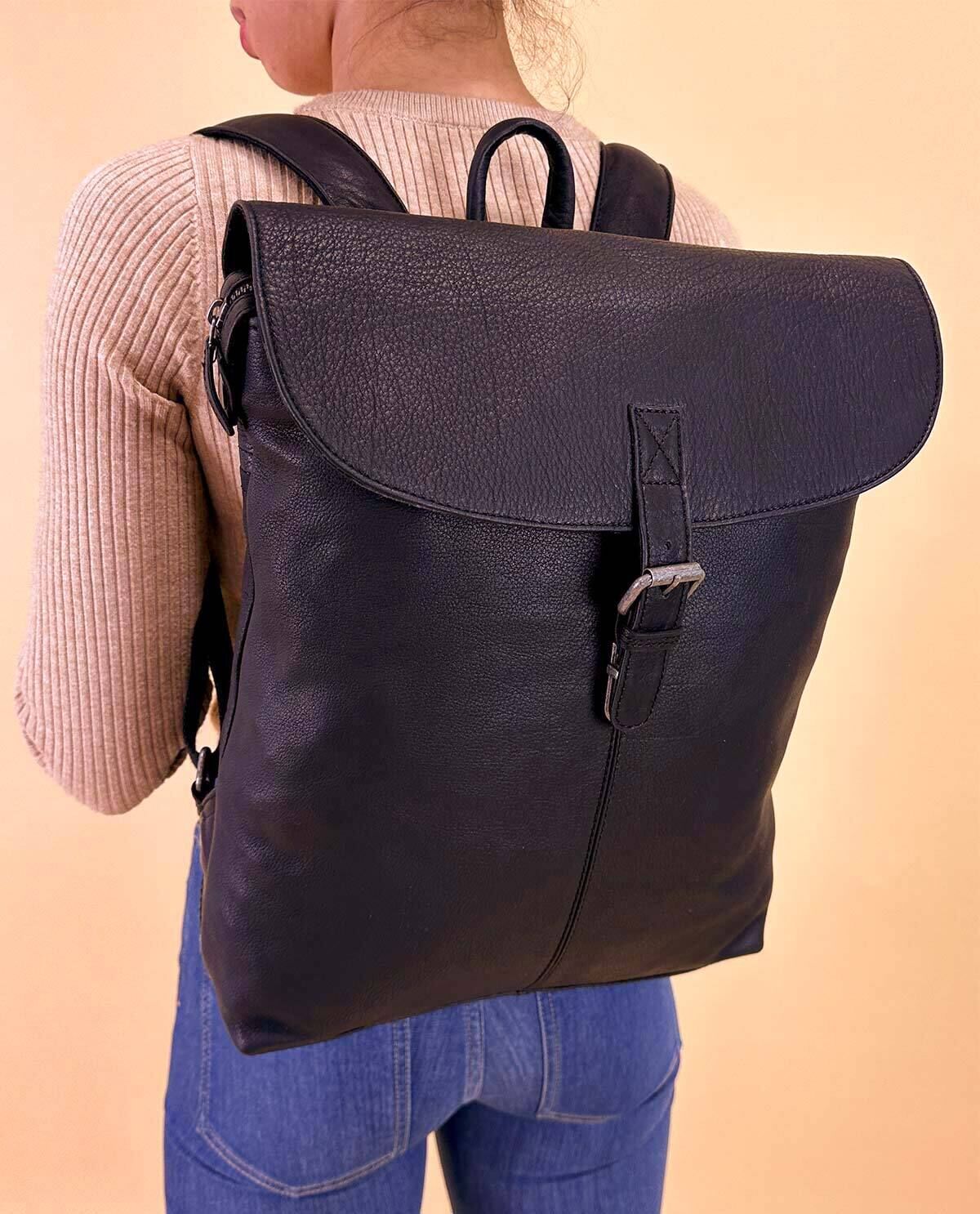 Black leather zip backpack hotsell